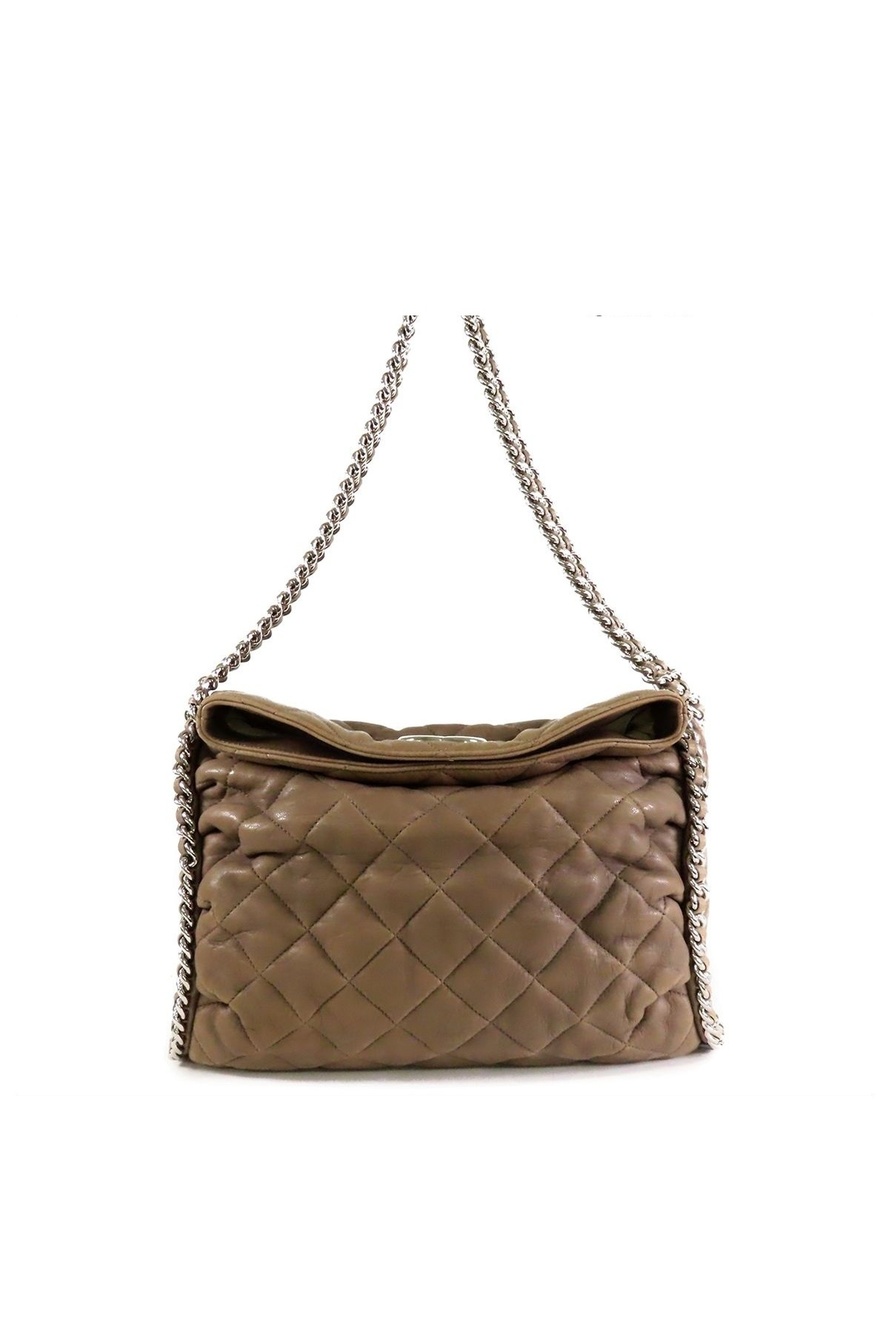 Chanel Line Chain Around Shoulder Bag Taupe Silver Leather